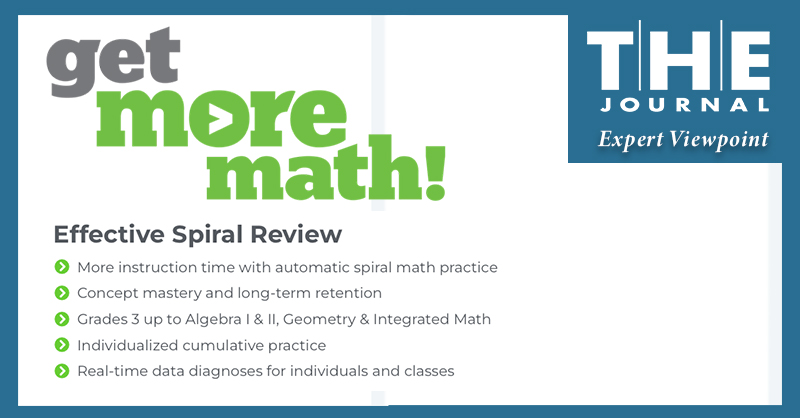 Get More Math logo and THE Journal logo with screenshot from Get More Math website on tips for spiral review and math retention