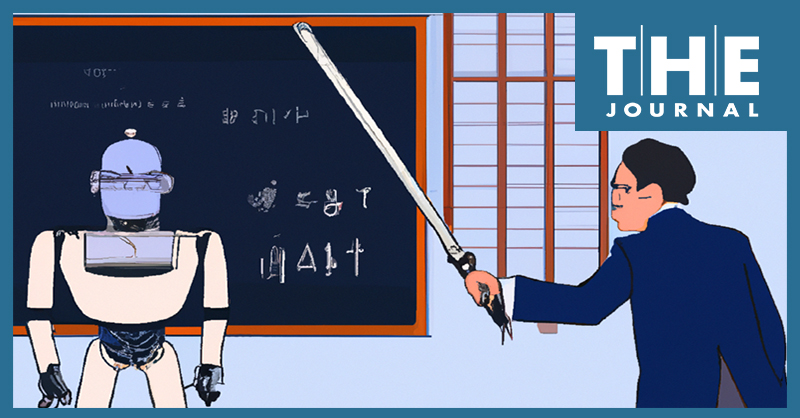 illustration created by DALL-E shows a teacher in front of a blackboard wielding a sword over a futuristic robot