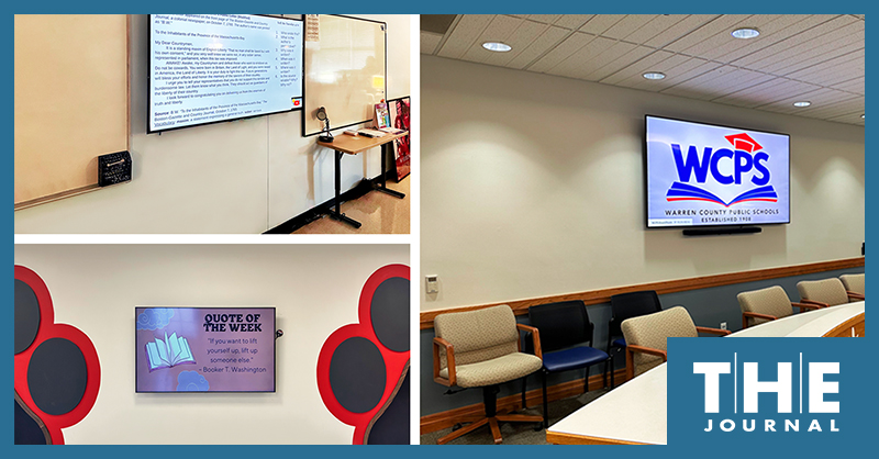 image shows a TV used as digital signage, a TV used as an interactive classroom display using wireless screen sharing, and a large TV used as an interactive display in a meeting room at warren county public schools in Kentucky