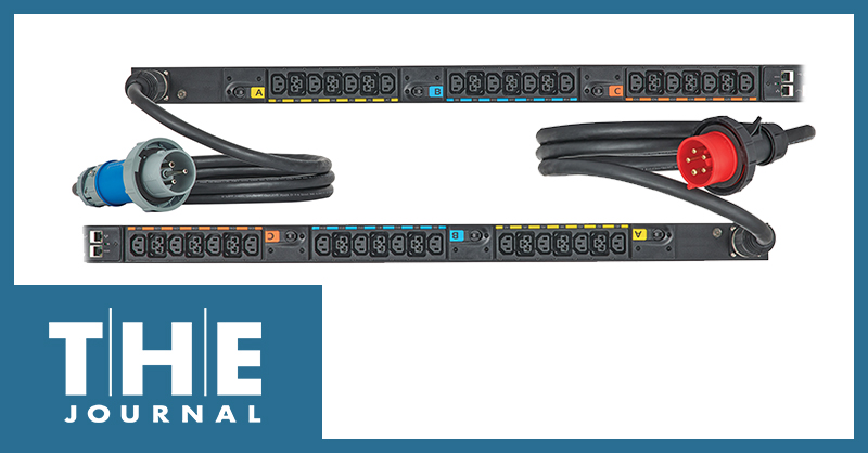 image shows to configurations of the new Eaton G3 Universal Input Rack PDU and THE Journal logo