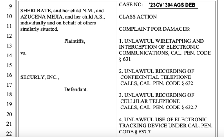 screenshot of class action lawsuit filed July 17 against ed tech company Securly