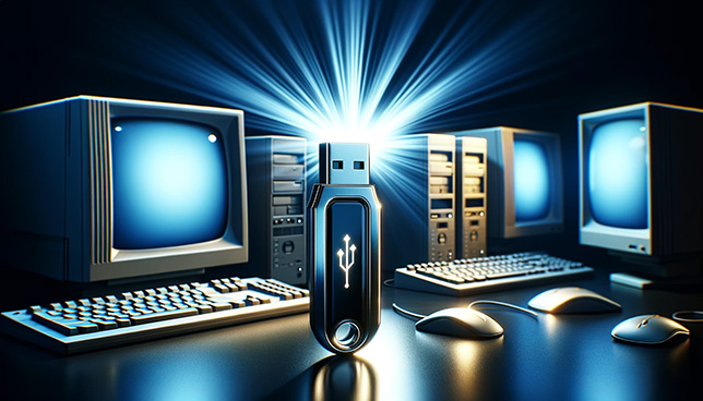 usb drive in front of desktop computers