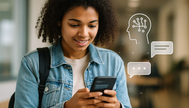 young woman using a smartphone, with digital AI and chat icons overlaid in a blurred academic setting